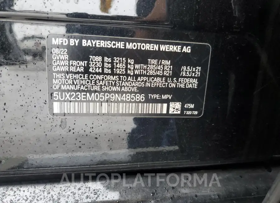 BMW X7 XDRIVE4 2023 vin 5UX23EM05P9N48586 from auto auction Copart