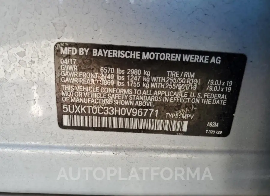 BMW X5 XDR40E 2017 vin 5UXKT0C33H0V96771 from auto auction Copart