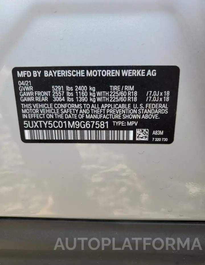 BMW X3 XDRIVE3 2021 vin 5UXTY5C01M9G67581 from auto auction Copart