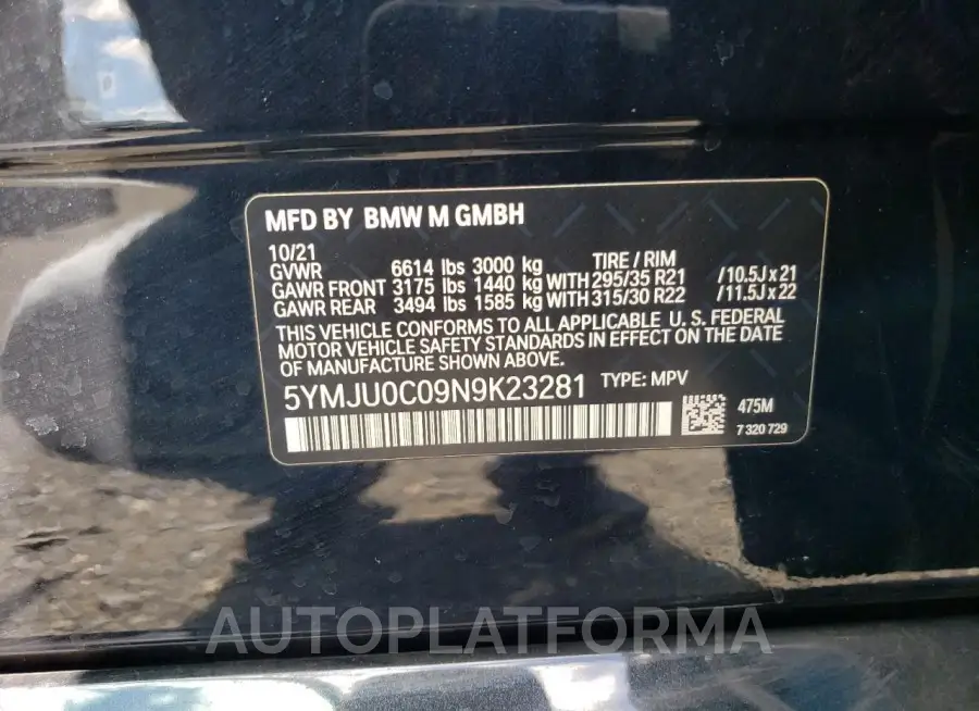 BMW X5 M 2022 vin 5YMJU0C09N9K23281 from auto auction Copart