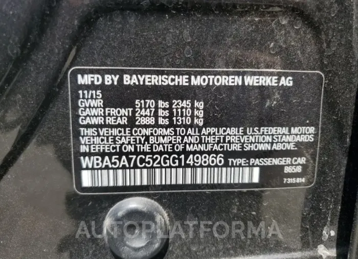 BMW 528 XI 2016 vin WBA5A7C52GG149866 from auto auction Copart