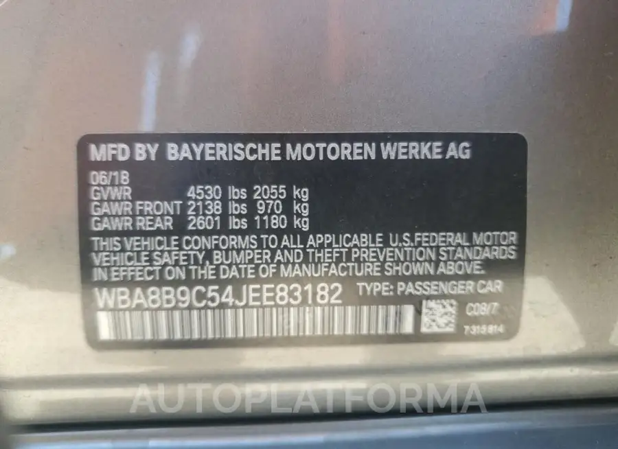 BMW 330 I 2018 vin WBA8B9C54JEE83182 from auto auction Copart