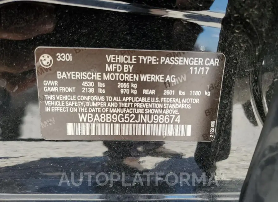 BMW 330 I 2018 vin WBA8B9G52JNU98674 from auto auction Copart