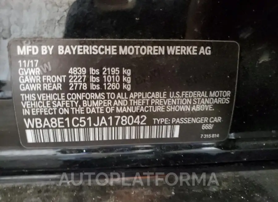 BMW 330E 2018 vin WBA8E1C51JA178042 from auto auction Copart