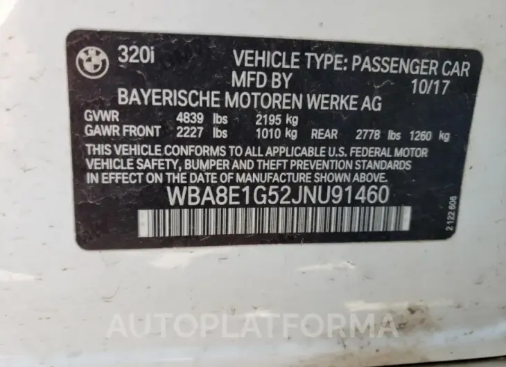 BMW 320 I 2018 vin WBA8E1G52JNU91460 from auto auction Copart