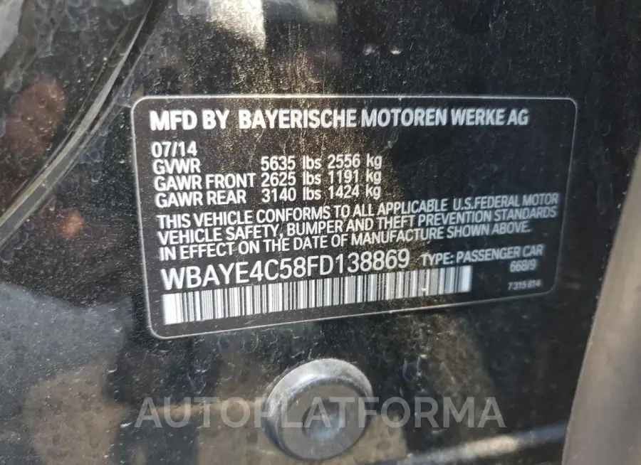 BMW 740 LI 2015 vin WBAYE4C58FD138869 from auto auction Copart