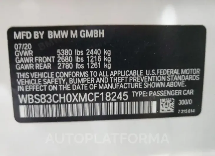 BMW M5 2021 vin WBS83CH0XMCF18245 from auto auction Copart