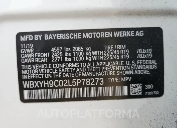 BMW X2 SDRIVE2 2020 vin WBXYH9C02L5P78273 from auto auction Copart