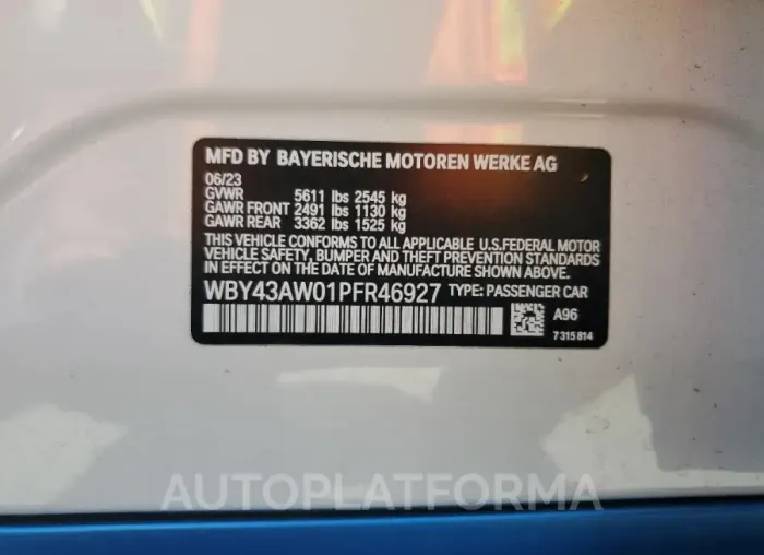 BMW I4 EDRIVE 2023 vin WBY43AW01PFR46927 from auto auction Copart