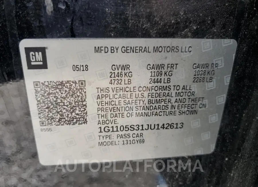 CHEVROLET IMPALA LT 2018 vin 1G1105S31JU142613 from auto auction Copart