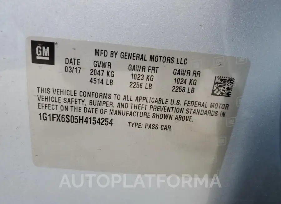 CHEVROLET BOLT EV PR 2017 vin 1G1FX6S05H4154254 from auto auction Copart