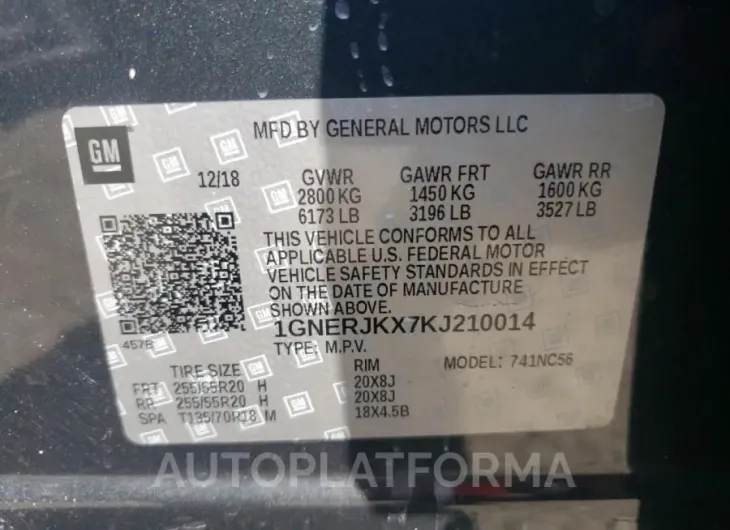 CHEVROLET TRAVERSE R 2019 vin 1GNERJKX7KJ210014 from auto auction Copart