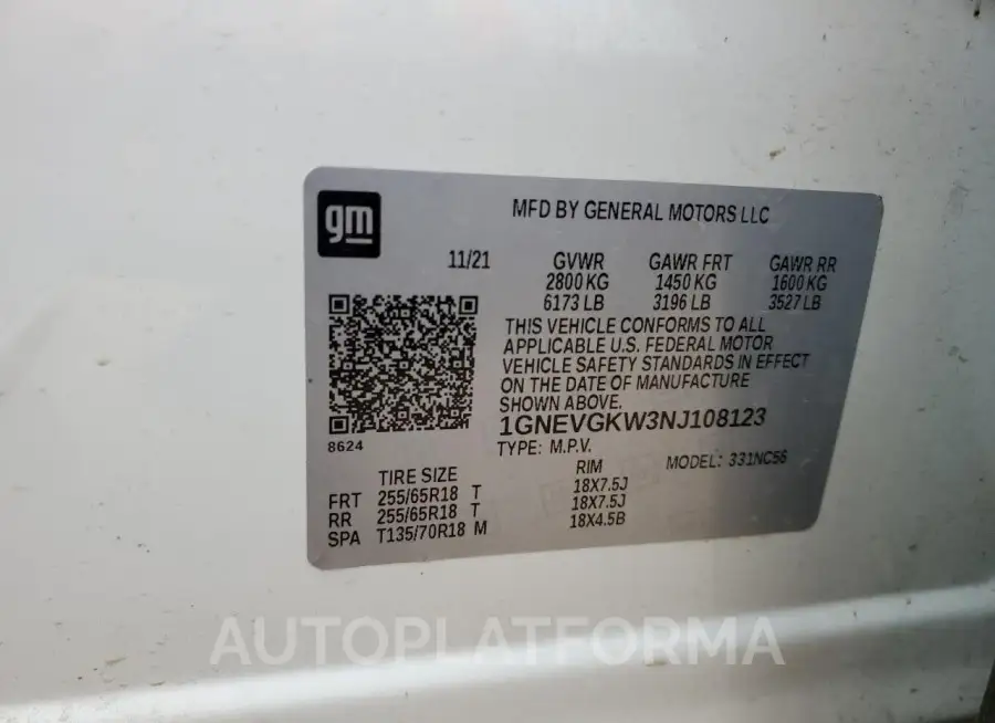 CHEVROLET TRAVERSE L 2022 vin 1GNEVGKW3NJ108123 from auto auction Copart