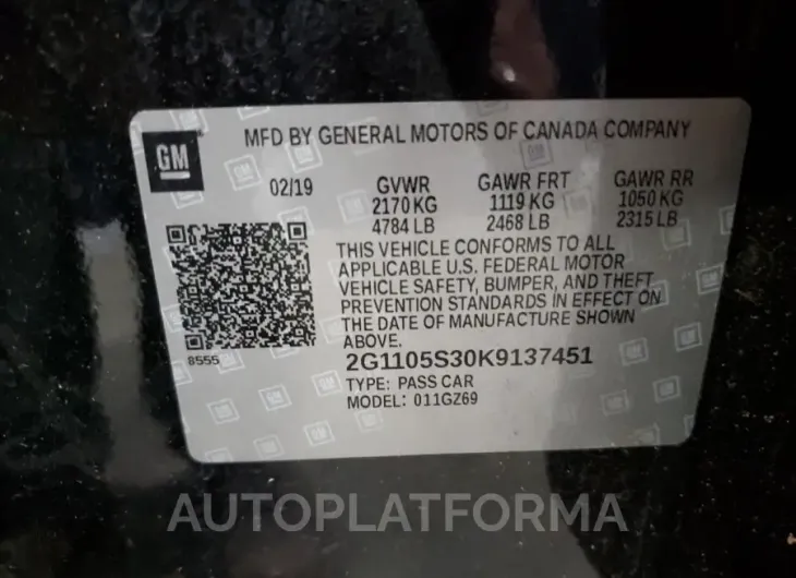 CHEVROLET IMPALA PRE 2019 vin 2G1105S30K9137451 from auto auction Copart