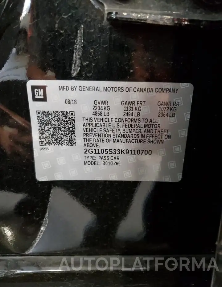 CHEVROLET IMPALA PRE 2019 vin 2G1105S33K9110700 from auto auction Copart