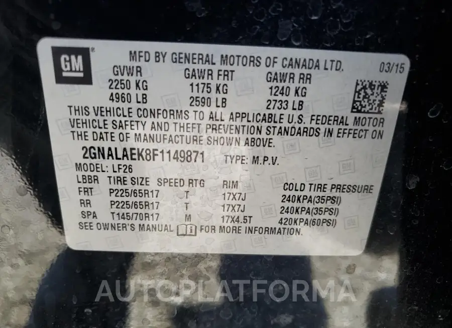 CHEVROLET EQUINOX LS 2015 vin 2GNALAEK8F1149871 from auto auction Copart