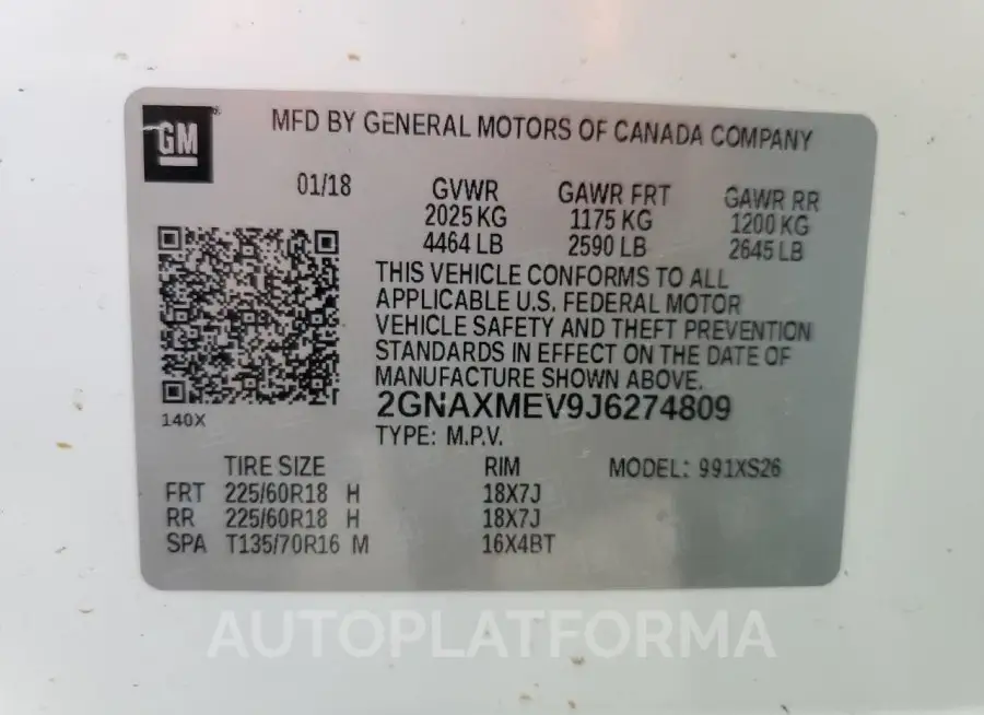 CHEVROLET EQUINOX PR 2018 vin 2GNAXMEV9J6274809 from auto auction Copart