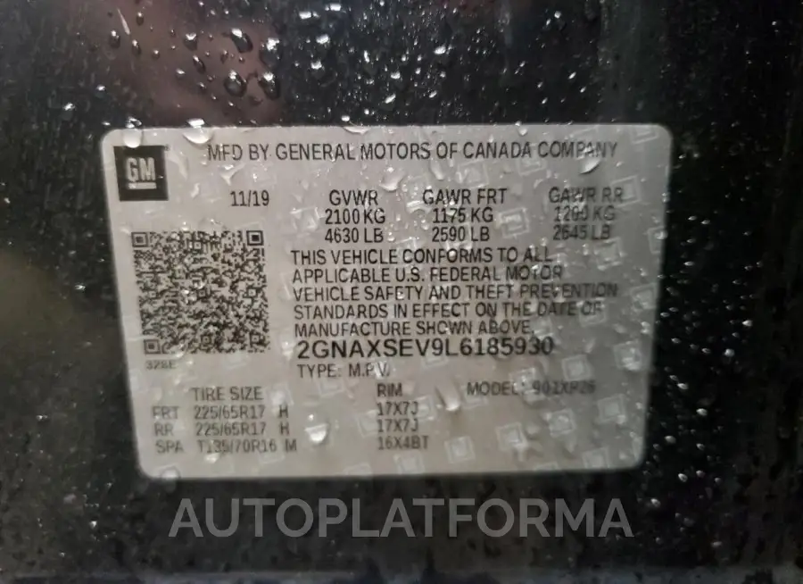 CHEVROLET EQUINOX LS 2020 vin 2GNAXSEV9L6185930 from auto auction Copart