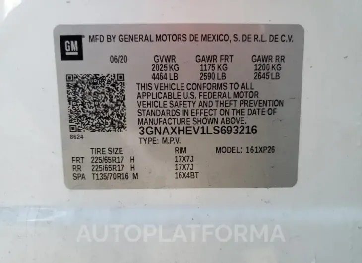 CHEVROLET EQUINOX LS 2020 vin 3GNAXHEV1LS693216 from auto auction Copart