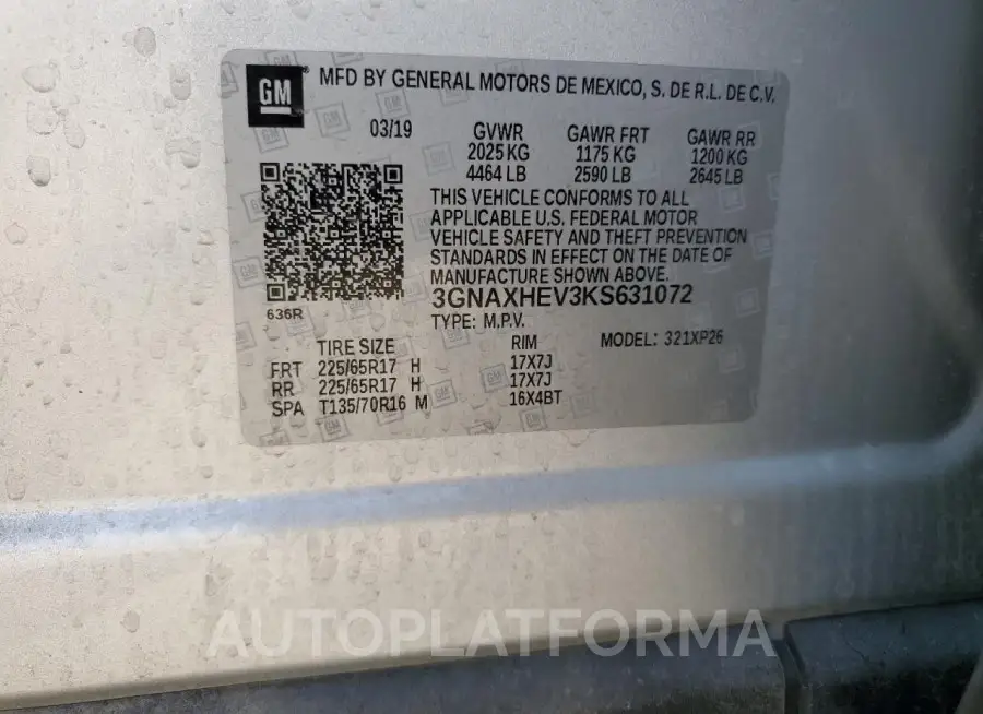 CHEVROLET EQUINOX LS 2019 vin 3GNAXHEV3KS631072 from auto auction Copart