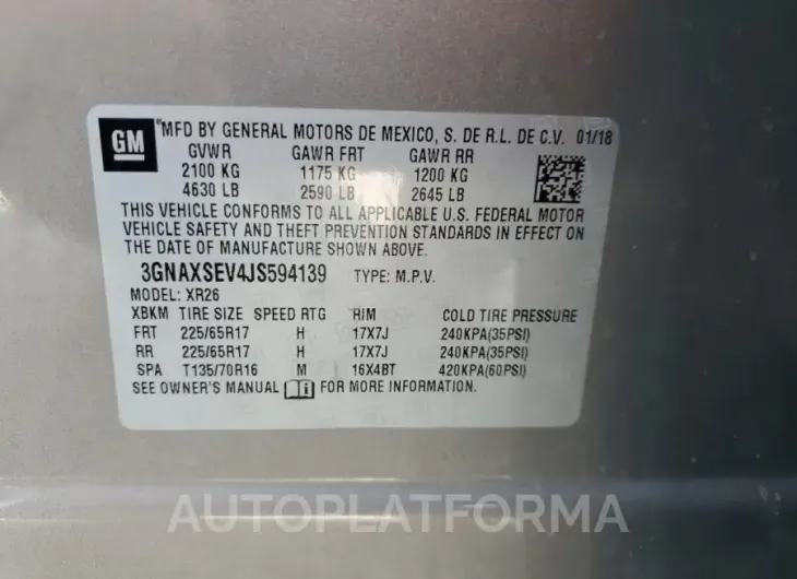 CHEVROLET EQUINOX LT 2018 vin 3GNAXSEV4JS594139 from auto auction Copart