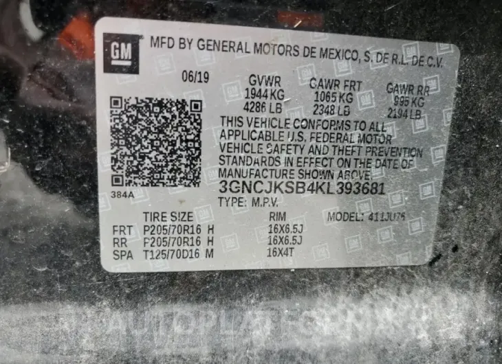 CHEVROLET TRAX LS 2019 vin 3GNCJKSB4KL393681 from auto auction Copart