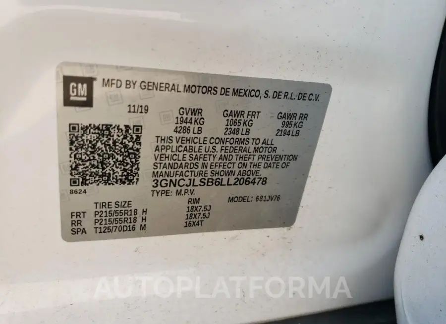 CHEVROLET TRAX 1LT 2020 vin 3GNCJLSB6LL206478 from auto auction Copart