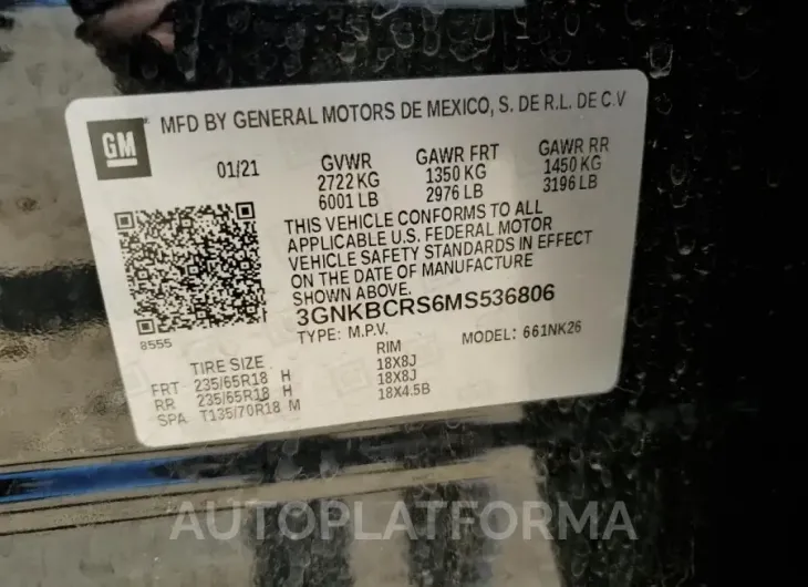 CHEVROLET BLAZER 2LT 2021 vin 3GNKBCRS6MS536806 from auto auction Copart