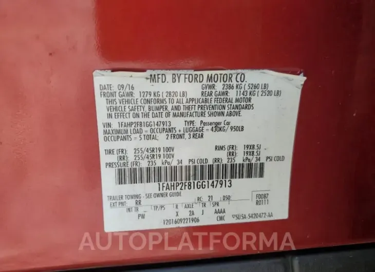 FORD TAURUS LIM 2016 vin 1FAHP2F81GG147913 from auto auction Copart