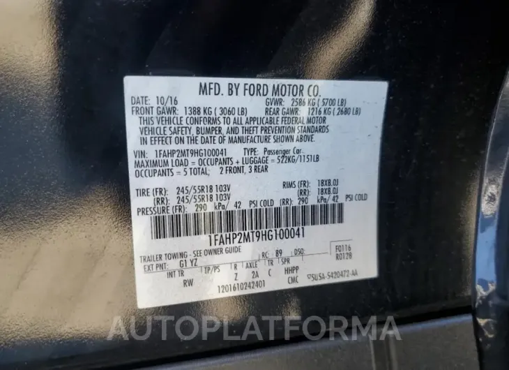 FORD TAURUS POL 2017 vin 1FAHP2MT9HG100041 from auto auction Copart