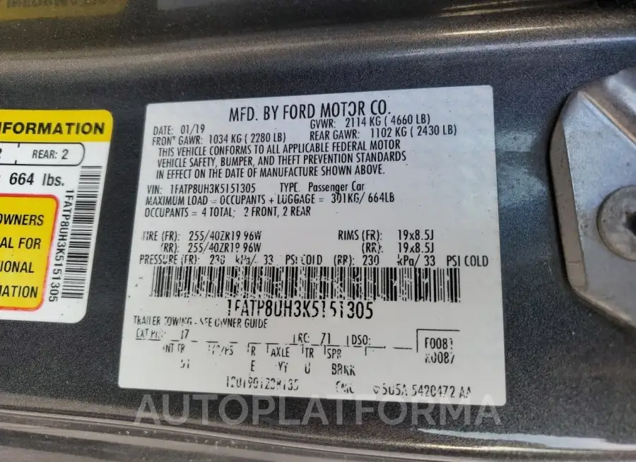 FORD MUSTANG 2019 vin 1FATP8UH3K5151305 from auto auction Copart