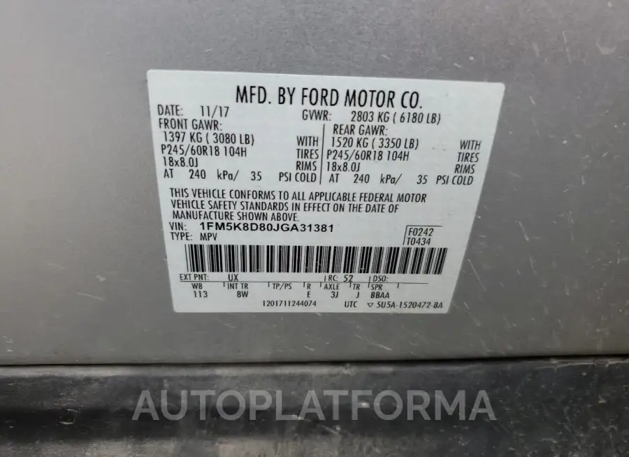 FORD EXPLORER X 2018 vin 1FM5K8D80JGA31381 from auto auction Copart