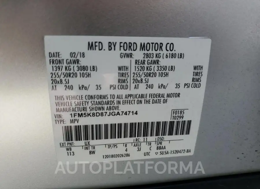 FORD EXPLORER X 2018 vin 1FM5K8D87JGA74714 from auto auction Copart