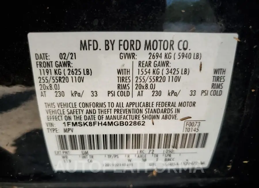 FORD EXPLORER L 2021 vin 1FMSK8FH4MGB02862 from auto auction Copart