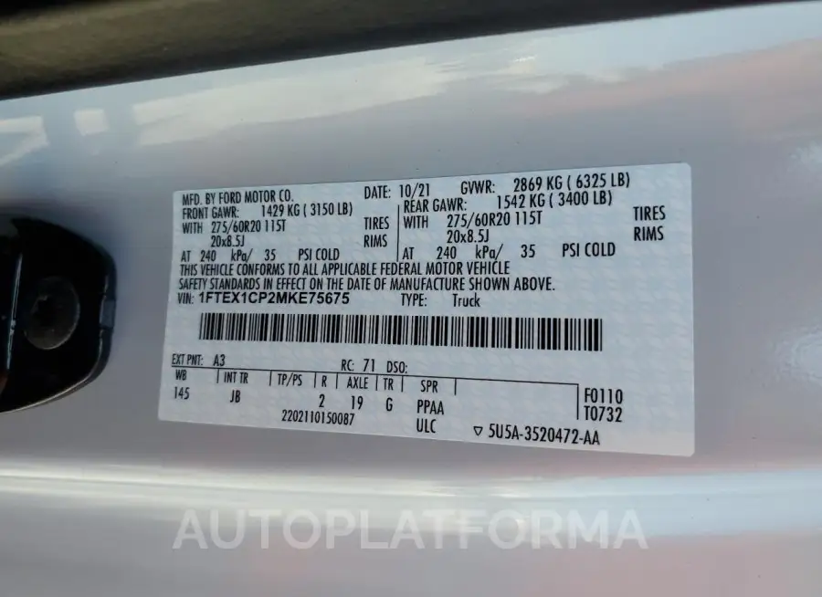 FORD F150 SUPER 2021 vin 1FTEX1CP2MKE75675 from auto auction Copart