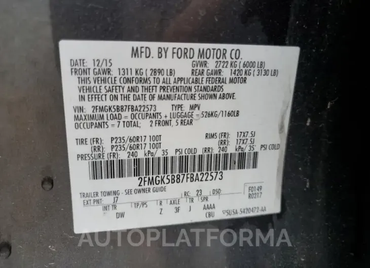 FORD FLEX SE 2015 vin 2FMGK5B87FBA22573 from auto auction Copart