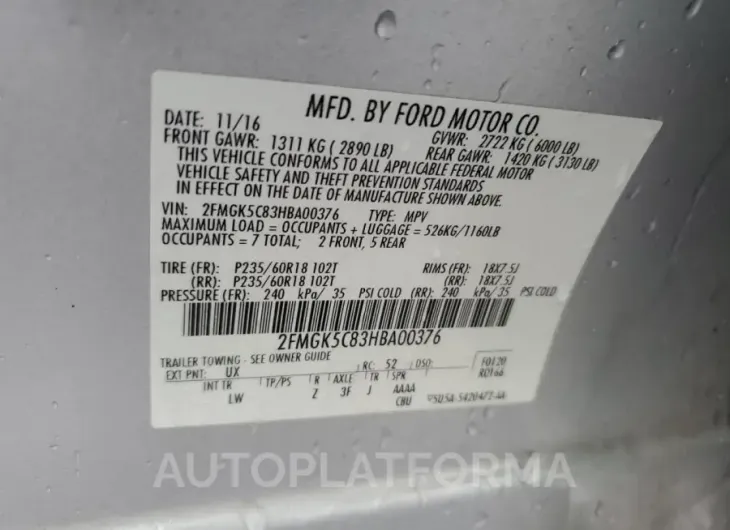 FORD FLEX SEL 2017 vin 2FMGK5C83HBA00376 from auto auction Copart