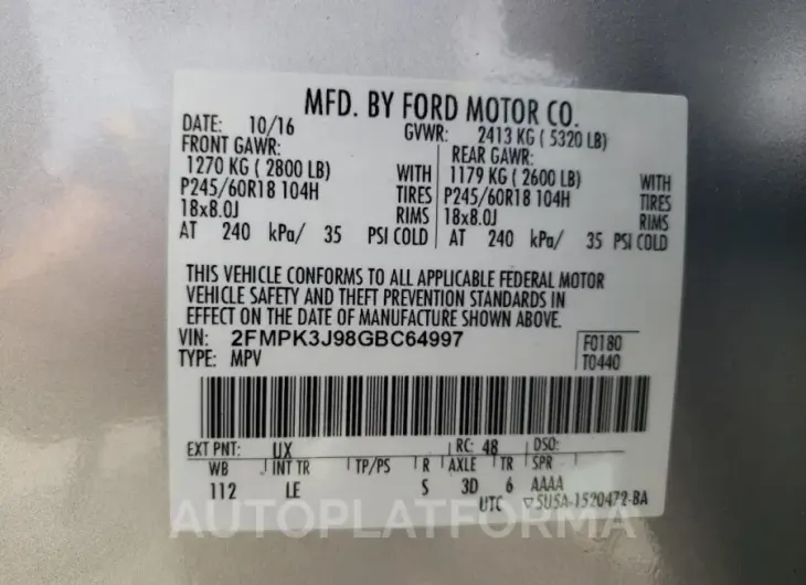 FORD EDGE SEL 2016 vin 2FMPK3J98GBC64997 from auto auction Copart