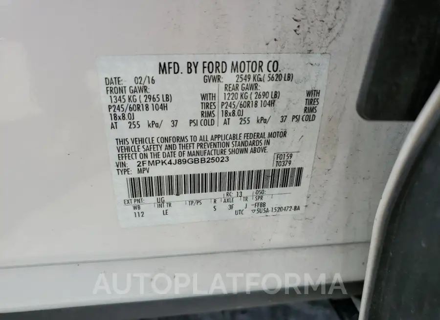 FORD EDGE SEL 2016 vin 2FMPK4J89GBB25023 from auto auction Copart