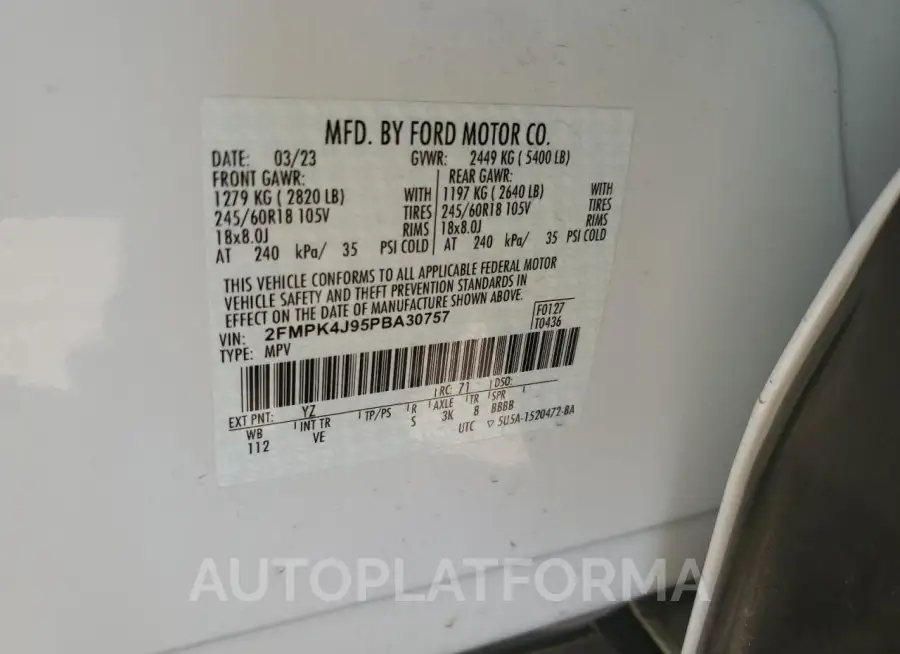 FORD EDGE SEL 2023 vin 2FMPK4J95PBA30757 from auto auction Copart