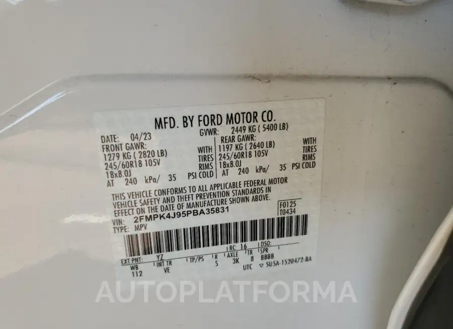 FORD EDGE SEL 2023 vin 2FMPK4J95PBA35831 from auto auction Copart