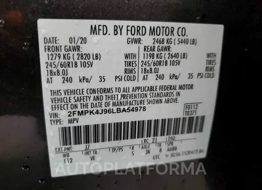 FORD EDGE SEL 2020 vin 2FMPK4J96LBA54978 from auto auction Copart