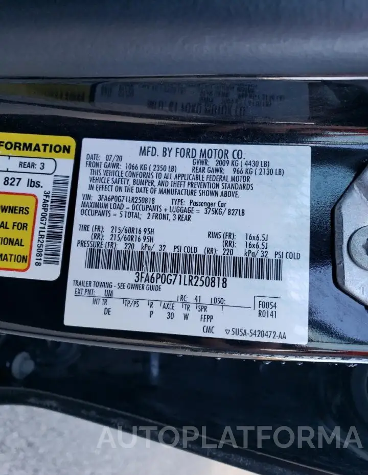 FORD FUSION S 2020 vin 3FA6P0G71LR250818 from auto auction Copart