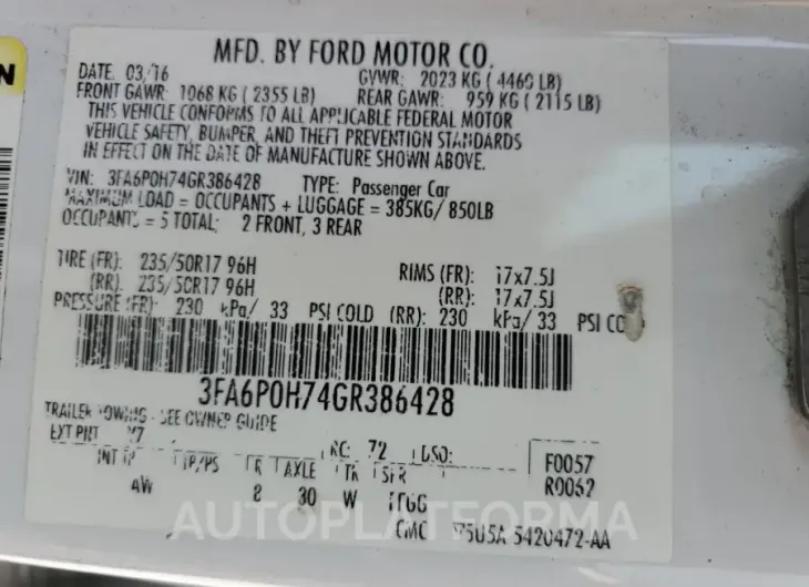 FORD FUSION SE 2016 vin 3FA6P0H74GR386428 from auto auction Copart