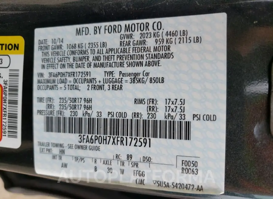 FORD FUSION SE 2015 vin 3FA6P0H7XFR172591 from auto auction Copart