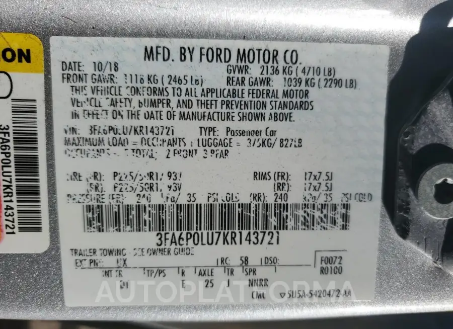 FORD FUSION SE 2019 vin 3FA6P0LU7KR143721 from auto auction Copart