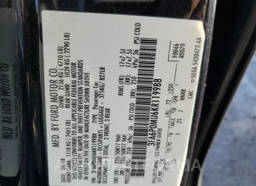 FORD FUSION SEL 2019 vin 3FA6P0MU6KR119988 from auto auction Copart