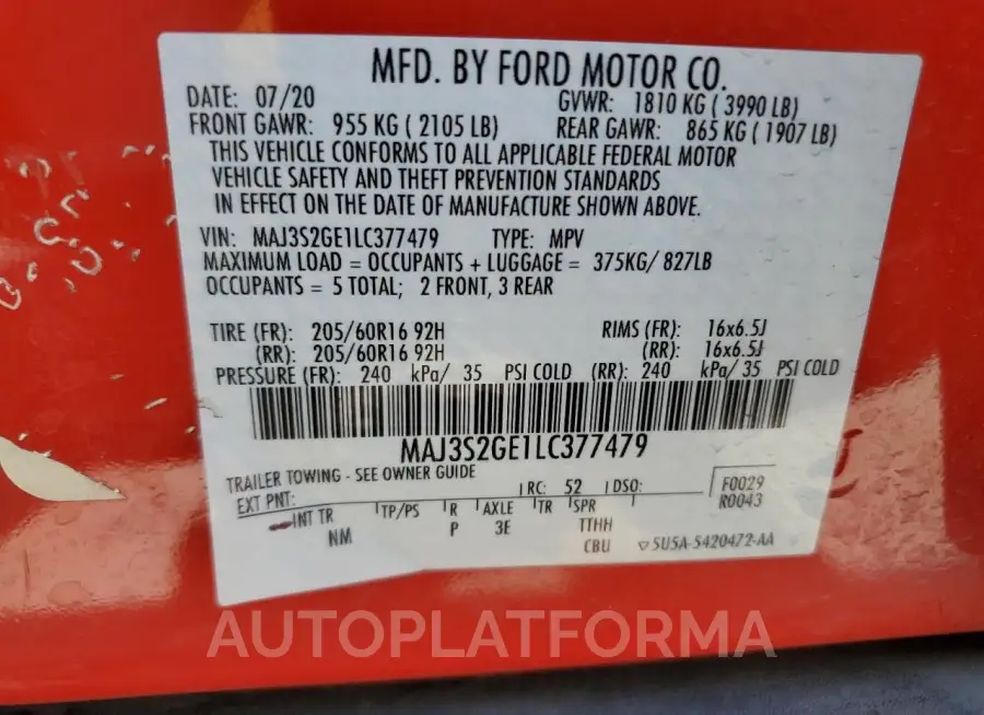 FORD ECOSPORT S 2020 vin MAJ3S2GE1LC377479 from auto auction Copart