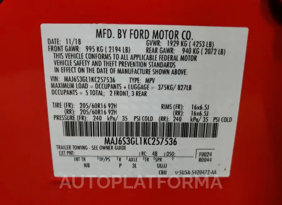 FORD ECOSPORT S 2019 vin MAJ6S3GL1KC257536 from auto auction Copart