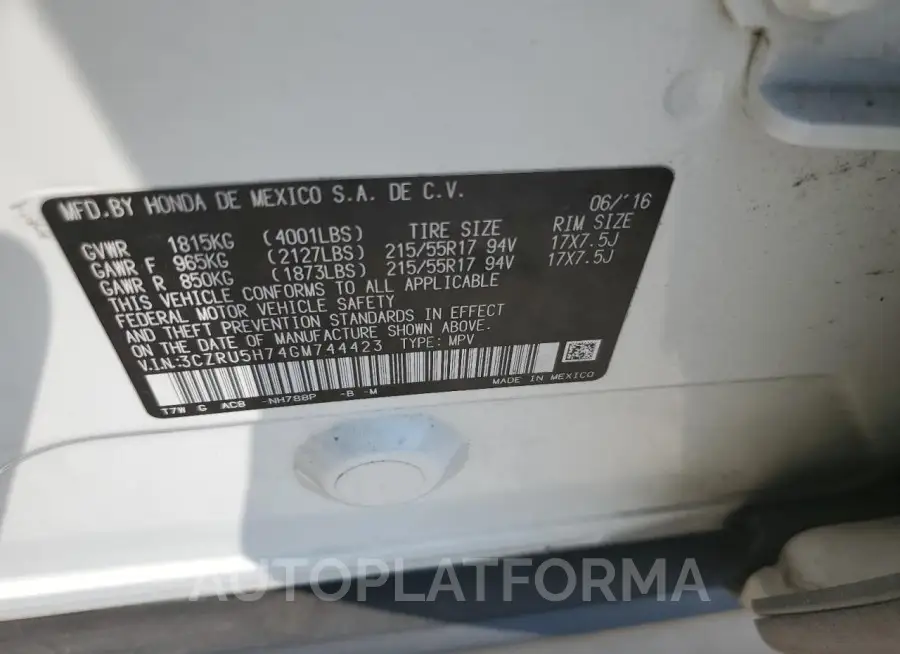 HONDA HR-V EXL 2016 vin 3CZRU5H74GM744423 from auto auction Copart